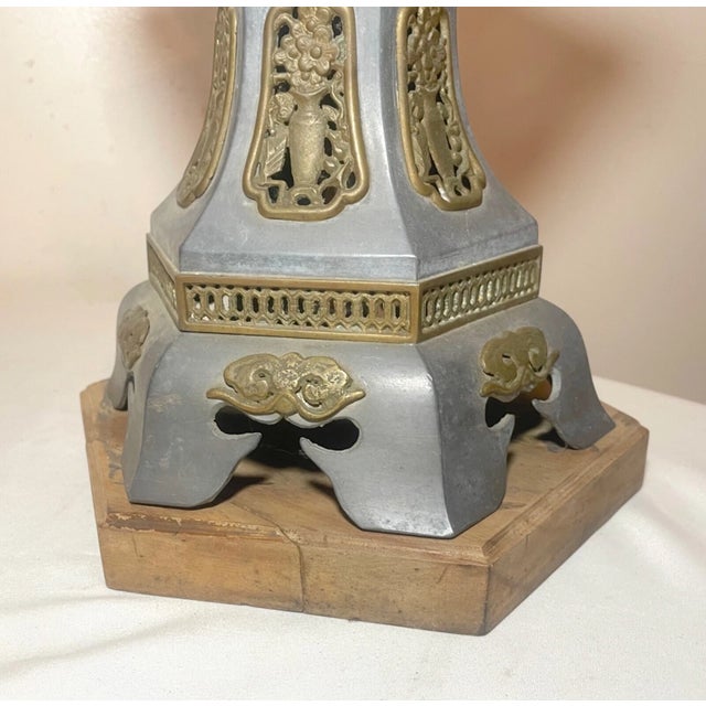 Large Antique Chinese Handmade Pewter Brass Pagoda Tower Electric Table Lamp For Sale - Image 11 of 13
