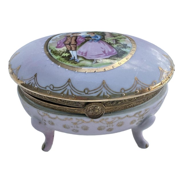 Vintage Victorian Footed Porcelain Jewelry/Trinket Box For Sale