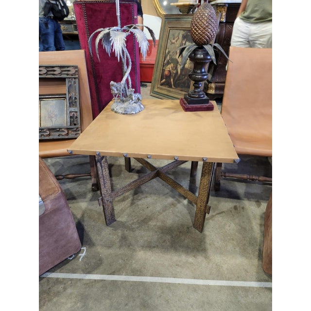 Antique Square Coffee Table Origin: France Circa: 1920's Material: Bronze base and leather top