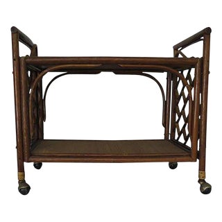 1960's Cane Wicker & Rush Bar Cart For Sale