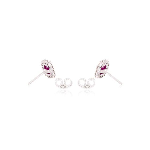 Metal 14k White Gold Solitaire Ruby With Halo Diamonds Stud Earrings- A Pair For Sale - Image 7 of 13
