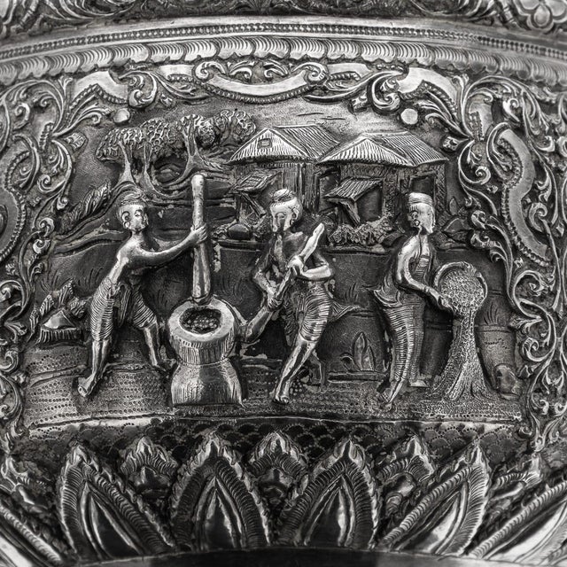 Antique Burmese Repoussé Silver Jataka Tales Bowl, 1910 For Sale - Image 11 of 18