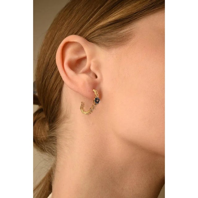 Art Deco 1.35ct Sapphire 14k Gold Inside-Out Hoop Earrings With 66pcs Baguette Diamonds- A Pair For Sale - Image 3 of 12