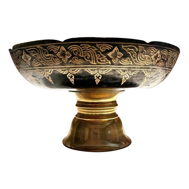 Footed Brass Bowl with Etched Gold Detailing For Sale