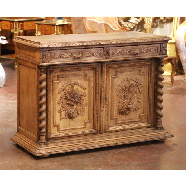 19th Century French Henri II Bleached Oak Buffet With Carved Harvest Motifs For Sale In Dallas - Image 6 of 17
