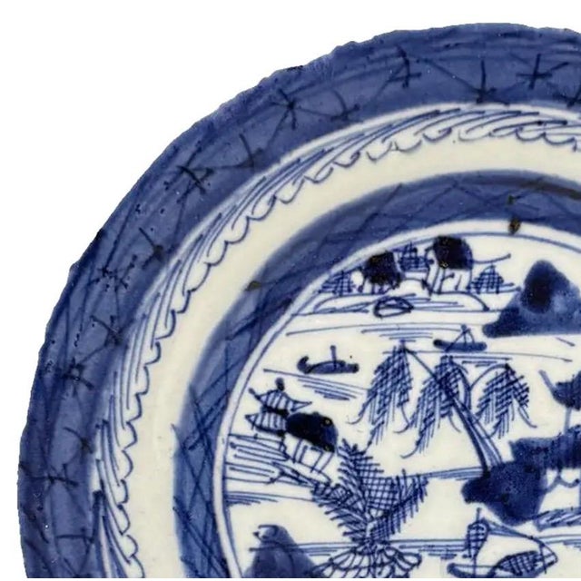 Chinese Antique 19th Century Chinese Canton Export Blue & White Porcelain Plate & Stand For Sale - Image 3 of 10