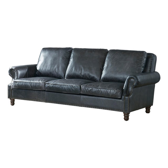 English Rolled Arm Sofa - Slate Leather For Sale