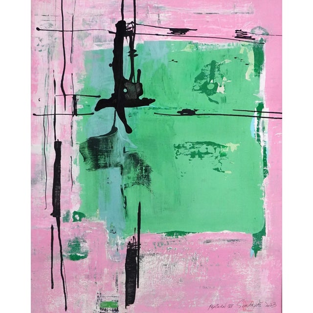 Framed abstract purple and green painting This bold, brushstroke hand made parchment works great as an abstract statement...