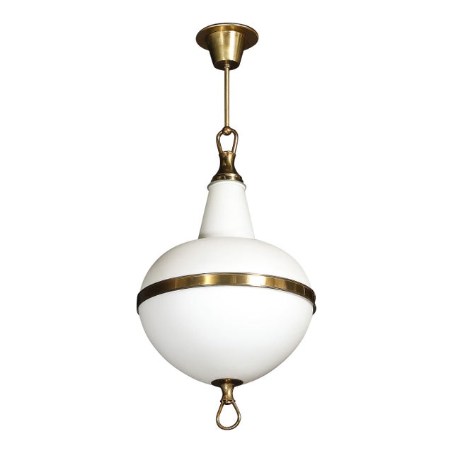 Mid-Century Modern Murano Glass & Brass Banded Detailed Pendant Chandelier For Sale