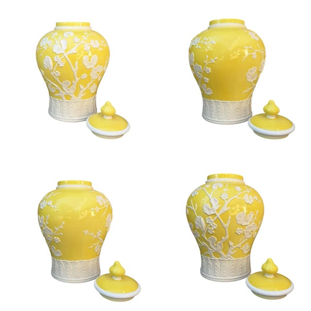 Mid 20th Century Italian Chinoiserie Yellow Prunus Relief Ginger Jars - A Pair For Sale - Image 9 of 12