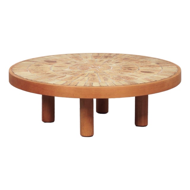 Round Coffee Table in Ceramic and Beechwood by Roger Capron for Atelier Capron, 1960s For Sale