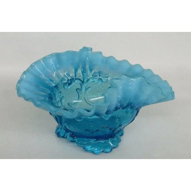 Blue Blue Opalescent Glass Flowers Ruffled Crimped Rim Bowl Vase For Sale - Image 8 of 11