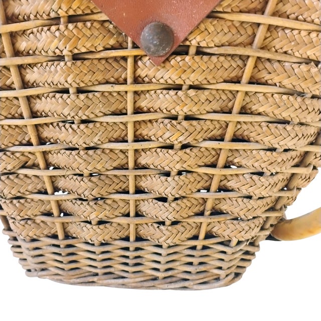 Brown Ooak Mid-Century 1960s Woven Wicker Creel Basket With Leather Flap Tubular Handles For Sale - Image 8 of 17