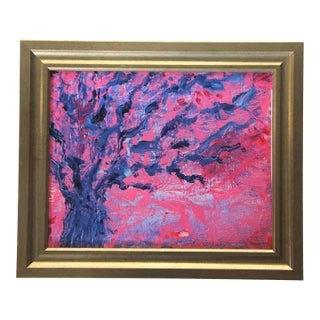 Botanical Abstract Tree Landscape Raspberry Pink Red Indigo Blue Original Oil Painting Cleo Plowden For Sale
