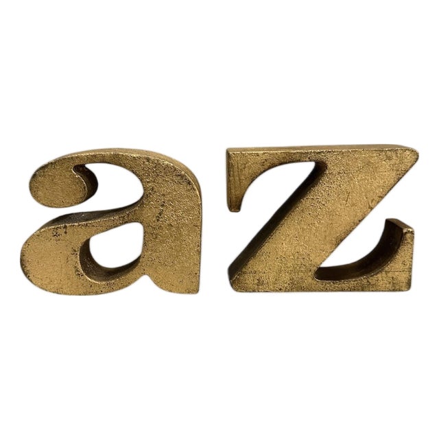 Vintage Mid Century Signed Curtis Jere "A to Z" Gilded Cast Iron Bookends, a Pair For Sale