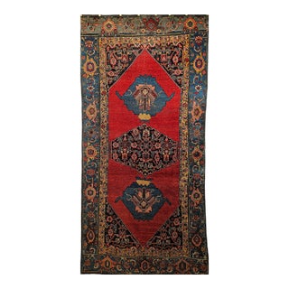 Vintage Persian Bidjar Gallery Rug, Hand-Knotted Wool, Geometric Pattern, Carnelian Red & Blue, 5x9 For Sale