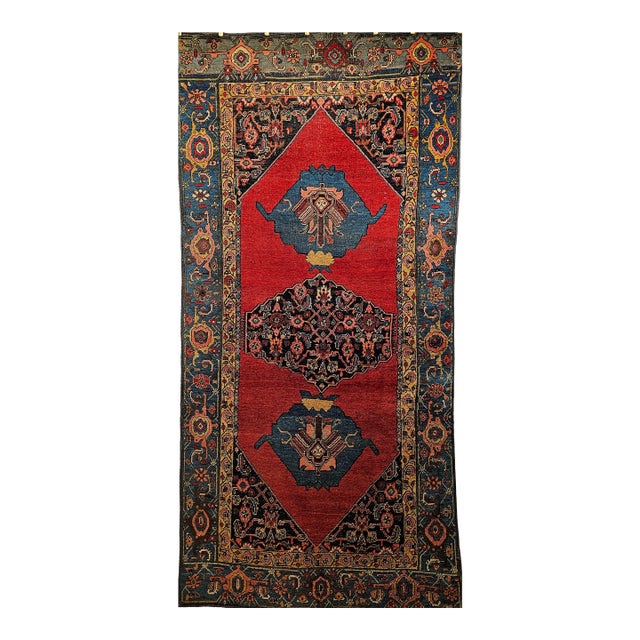 Vintage Persian Bidjar Gallery Rug, Hand-Knotted Wool, Geometric Pattern, Carnelian Red & Blue, 5x9 For Sale