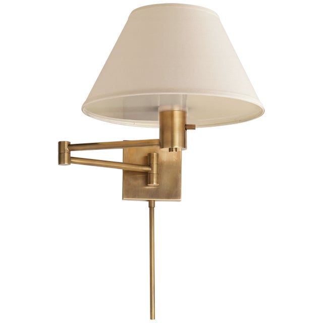Visual Comfort Signature Classic Swing Arm Wall Lamp in Hand-Rubbed Antique Brass with Linen Shade For Sale