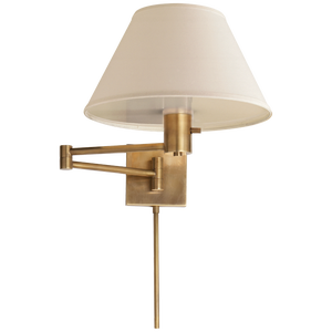 Visual Comfort Signature Classic Swing Arm Wall Lamp in Hand-Rubbed Antique Brass with Linen Shade
