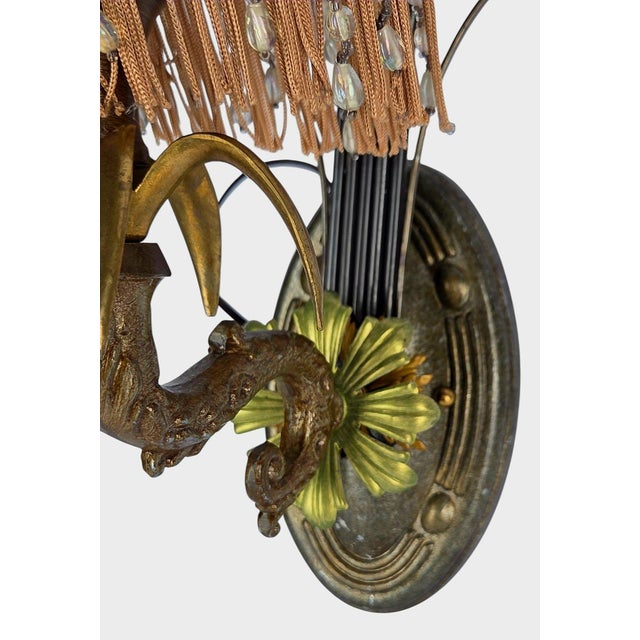 1970s 1970s Hollywood Regency Italian Gilt Torchère Wall Sconces With Beaded Fringe Shades - a Pair For Sale - Image 5 of 11