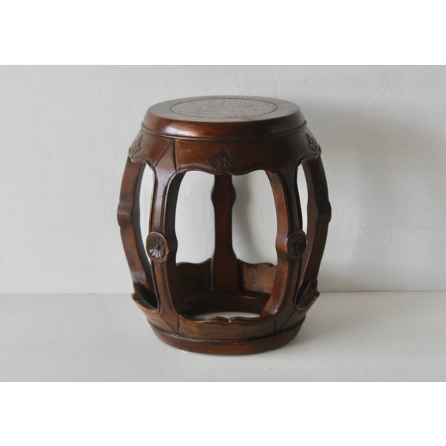 1980s Asian Carved Wood Barrel Stool Plant Stand With Inset Granite Top Vintage For Sale - Image 17 of 18