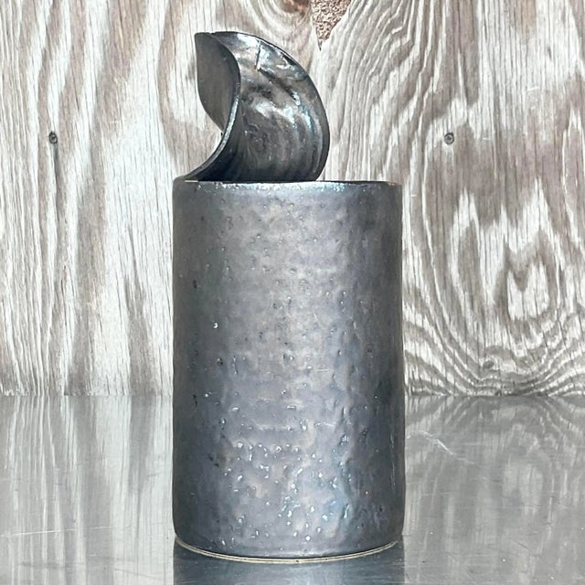 Ceramic Vintage Brutalist Sculptural Black Studio Pottery Vase For Sale - Image 7 of 13