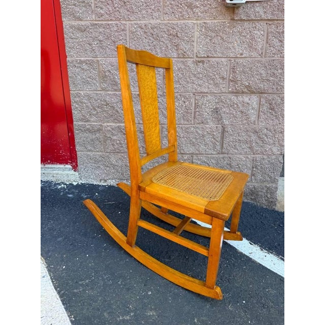 Wood Vintage Rustic Country Colonial Oak Wood Cane Rocking Chair For Sale - Image 7 of 16