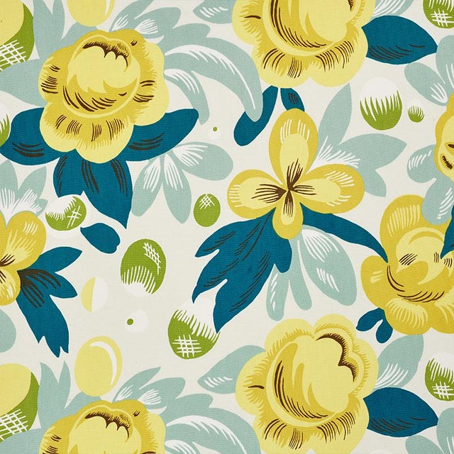 Sample - Schumacher X Paul Poiret Juin Fabric in Citron & Peacock For Sale
