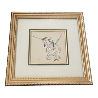 Vintage Framed Signed Print Dachshund/Basset Hound Puppy Drawing Leslie Cope For Sale