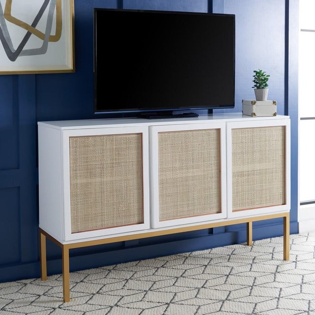 Modern 2 Shelf Rattan Sideboard - White/Gold For Sale - Image 3 of 10