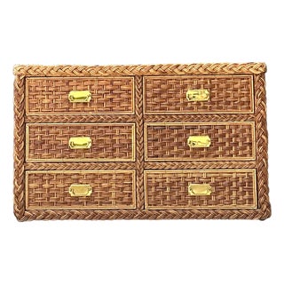 Vintage Braided Rattan Six Drawer Campaign Dresser For Sale