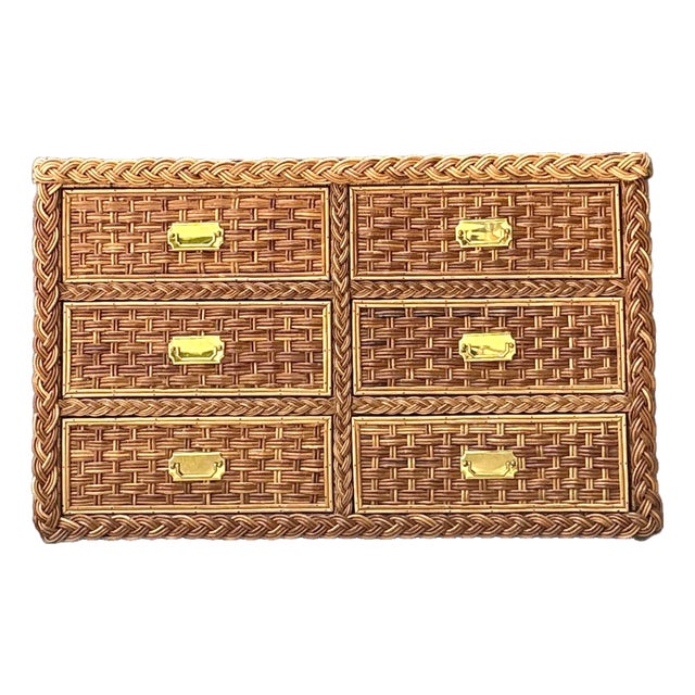Vintage Braided Rattan Six Drawer Campaign Dresser For Sale