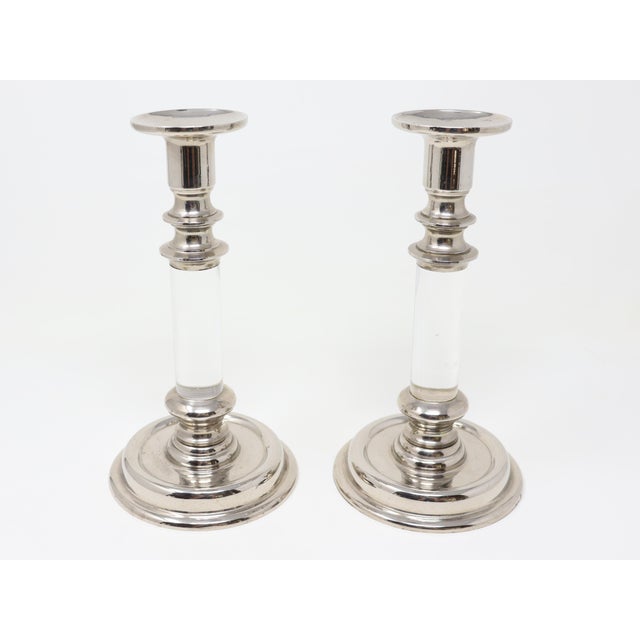 Modern Vintage Karl Springer Style Chrome and Lucite Candlesticks - A Pair For Sale - Image 3 of 10