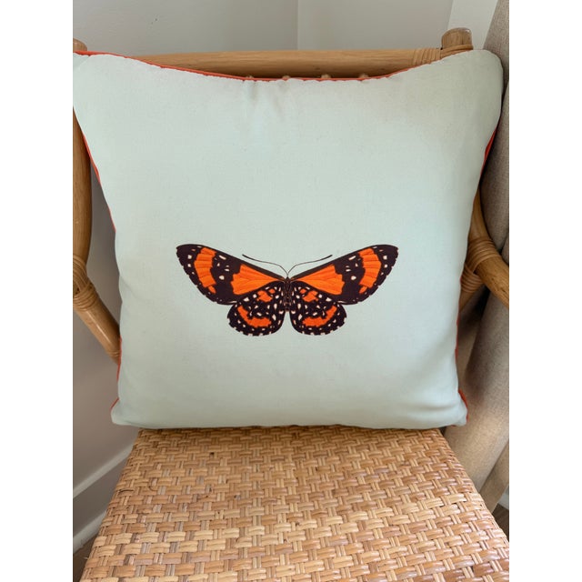 20x20 inch Designer accent pillow by Frontgate featuring an oversized butterfly collage print in vivid aqua, coral, cream,...