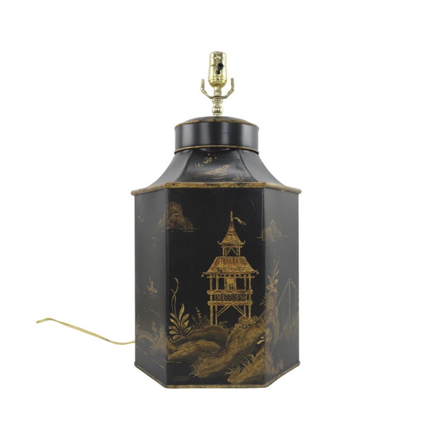 Early 21st Century Pair Chinoiserie Hand Painted English Export Hexagonal Tole Tea Caddy Lamp For Sale - Image 5 of 10