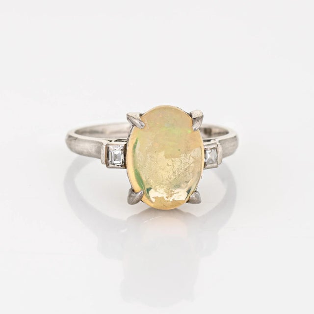 Mid-Century Modern Mid 20th Century 2.75ct Natural Jelly Opal Diamond Ring Platinum Estate Fine Jewelry Size 6 For Sale - Image 3 of 7