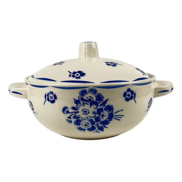 Vintage Semi-Porcelain Tureen with Blue Floral Pattern from Badonviller, 1920s For Sale
