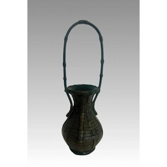 Japanese Antique Japanese Bronze 'Woven' Basket Form Ikebana Vase With Handle For Sale - Image 3 of 9