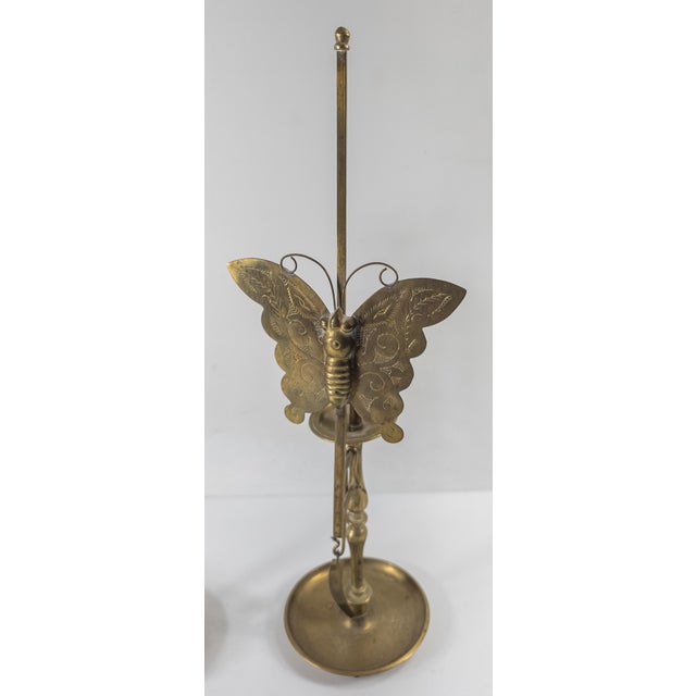 Traditional 20th Century Pair of Korean Brass Candlestick Holders With Butterflies or Moths For Sale - Image 3 of 11