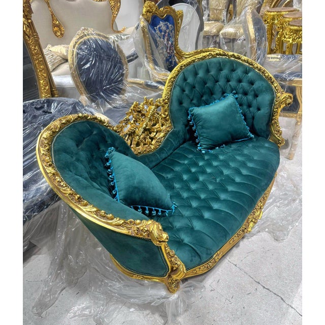 Textile French Baroque Style Settee – Green Forest Velvet For Sale - Image 7 of 9