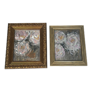 1960s Pair of Abstract Floral Pink Roses Paintings Signed and Framed