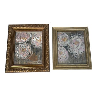 1960s Pair of Dark Abstract Floral Pink Peonies Paintings Signed and Framed For Sale