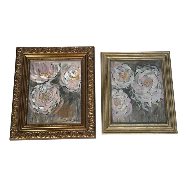 1960s Pair of Dark Abstract Floral Pink Peonies Paintings Signed and Framed For Sale