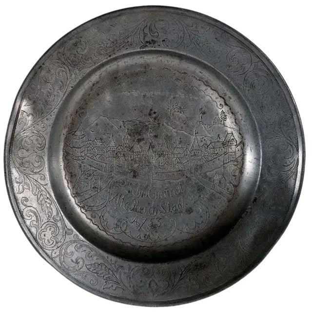 Gray German Pewter Wrigglework and Engraved Reeded Schwabisch Gmund City Plate For Sale - Image 8 of 8