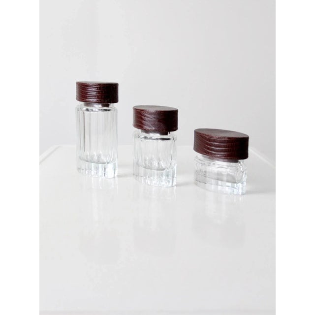 Contemporary Vintage Glass Jars With Leather Lids Set of 3 For Sale - Image 3 of 13