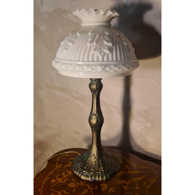 Patinated Spelter Lamp with Molded White Opaline Shade, 1900 For Sale - Image 6 of 9