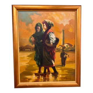 Portuguese Lighthouse Village Scene by J. Adamos, Mid-Century Oil on Canvas For Sale