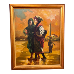 Portuguese Lighthouse Village Scene by J. Adamos, Mid-Century Oil on Canvas