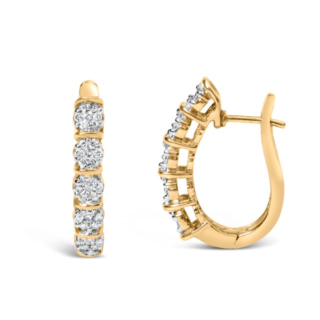 Contemporary 14k Yellow Gold 1/2 Cttw Diamond Cluster Hoop Earrings (H-I Color, SI2-I1 Clarity) For Sale - Image 3 of 5