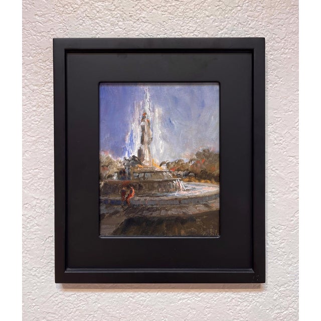 In "City Park," a vibrant fountain takes center stage, surrounded by hints of lush greenery under a bright sky. The artist...